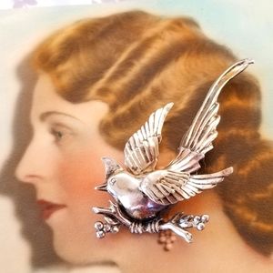 Vintage Monet bird brooch pin large silver tone cardinal of paradise